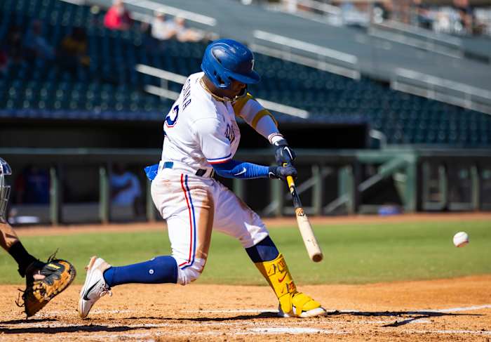Oct 26, 2022; Surprise, Arizona, USA; Texas Rangers infielder Luisangel Acuna plays for the Surprise Saguaros during an Arizona Fall League baseball game at Surprise Stadium. Mandatory Credit: Mark J. Rebilas-USA TODAY Sports